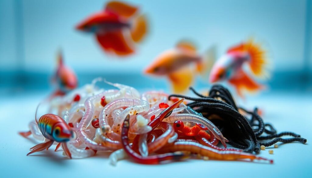 A well-lit close-up scene of a variety of healthy, vibrant live food items for betta fish, such as daphnia, brine shrimp, and micro-worms, artfully arranged on a clean, minimalist background. The lighting should be soft and natural, accentuating the vivid colors and textures of the live food. The composition should be balanced, with the live food items occupying the foreground, allowing the viewer to appreciate their nutritional value and safety for betta fish. The overall mood should convey a sense of cleanliness, freshness, and reassurance, addressing the "too rich" myths and common pitfalls mentioned in the section title.