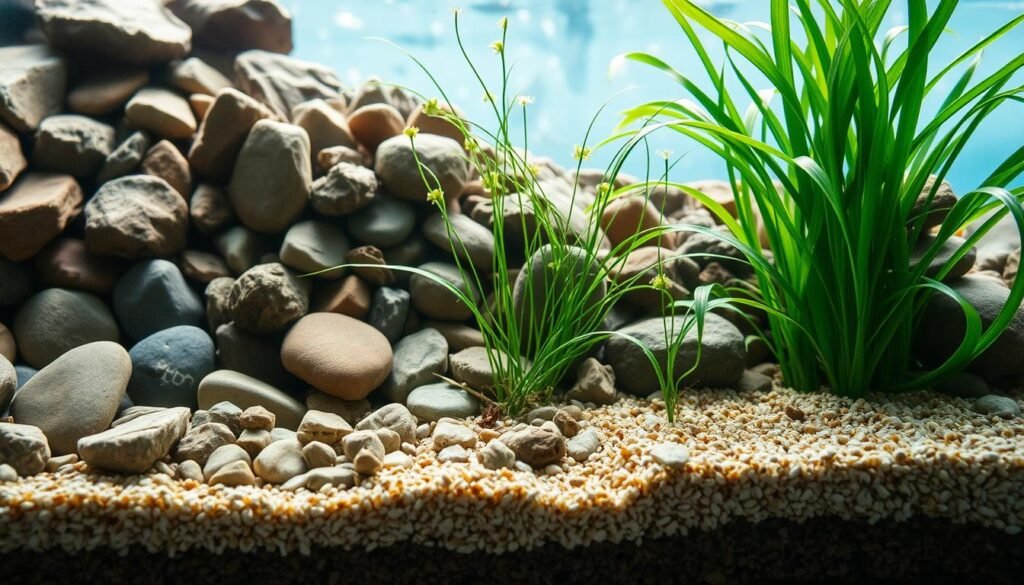 A close-up, detailed view of various aquarium substrates arranged in an artful, natural-looking composition. The foreground features an array of smooth river rocks, pebbles, and coarse sand in earthy tones of brown, gray, and beige, with subtle variations in texture and size. The middle ground introduces lush, verdant aquatic plants with delicate stems and leaves, their roots delving into the substrate. Dappled lighting creates highlights and shadows, lending depth and dimension to the scene. In the background, a soft, blurred underwater environment sets the mood, suggesting the rich, vibrant world that this substrate will support. The overall image conveys the importance of careful substrate selection to nurture a thriving, natural-looking aquascape.