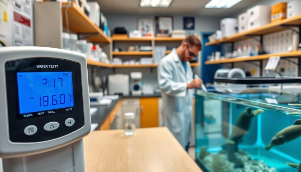 A well-equipped laboratory with state-of-the-art water quality monitoring instruments. In the foreground, a close-up of a digital water testing kit displaying pH, temperature, and dissolved oxygen levels. In the middle ground, a technician in a white lab coat carefully taking water samples from an aquarium, scrutinizing the results. The background showcases a panoramic view of the lab, with various analytical equipment, beakers, and charts lining the shelves, conveying an atmosphere of scientific precision and dedication to maintaining optimal water conditions.