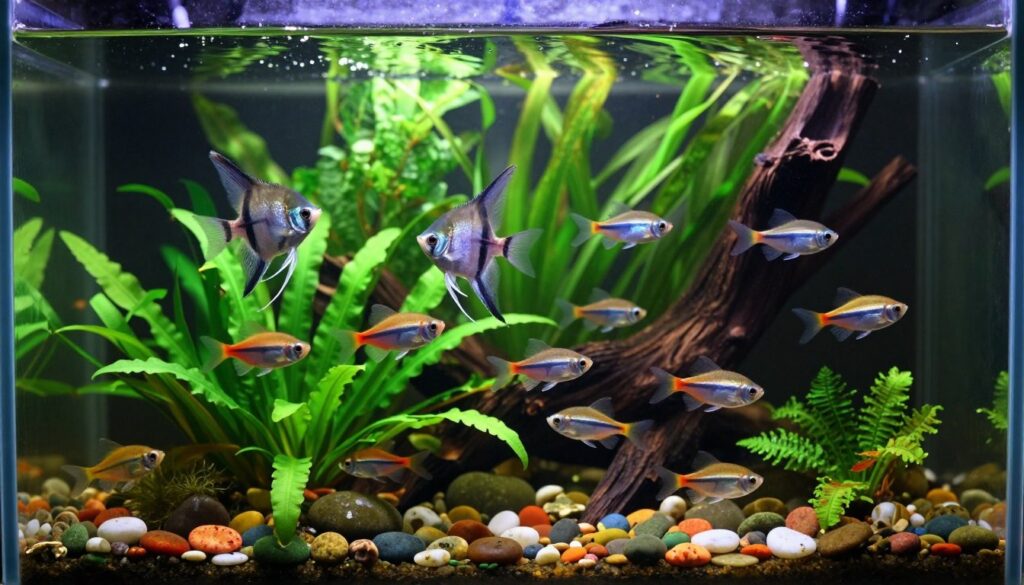 A beautifully aquascaped aquarium featuring a diverse community tank with vibrant Tetras and elegant Angelfish swimming peacefully together. In the foreground, lush greenery with various plant species like Java Fern and Anubias provide ample cover, while colorful pebbles create a natural substrate. In the middle ground, the graceful Angelfish glide near the surface, their fins flowing, accompanied by shoals of energetic Tetras darting playfully. The background reveals a soft, blurred view of taller plants and driftwood, mimicking a natural habitat. Gentle dim lighting casts a serene glow over the scene, creating a calm and inviting atmosphere, highlighting the harmonious coexistence of these popular freshwater species. The image captures the essence of a well-balanced community aquarium.