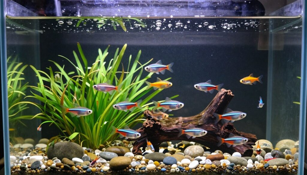 A beautifully arranged 2-gallon aquarium features a vibrant underwater scene showcasing a variety of small, colorful freshwater fish ideal for such a tank. In the foreground, a cluster of delicate aquatic plants sways gently, providing a lush habitat. The middle ground displays lively fish—such as Neon Tetras and Betta—darting playfully among pebbles and decorations resembling sunken logs. The background is filled with soft bubbles rising to the surface, enhancing the tranquil atmosphere. Natural, diffused lighting illuminates the scene, creating gentle reflections on the water’s surface, while a slightly elevated angle showcases the richness of colors and textures. The mood is serene and inviting, making it a perfect visual representation for the topic of small fish suitable for a 2-gallon aquarium.