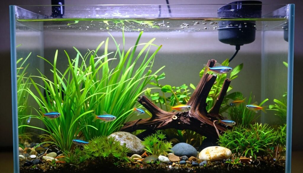 A beautifully arranged 2-gallon nano tank, showcasing a vibrant aquascape. In the foreground, miniature aquatic plants like dwarf hair grass and java moss create lush greenery, with tiny colorful fish such as neon tetras and endlers darting playfully amidst the foliage. In the middle ground, decorative elements like small stones and driftwood enhance the natural habitat, while gentle bubbles rise from a discreet air stone, adding movement. The background features soft, diffused lighting simulating natural sunlight filtering through the water, casting gentle shadows that highlight the textures of the plants and fish. The mood is tranquil and inviting, perfect for an engaging look at nano tank care. The scene captures the essence of maintaining a thriving mini aquarium, emphasizing the delicate balance and beauty of a small aquatic ecosystem.