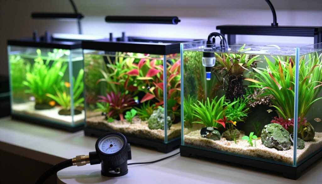 A beautifully arranged aquarium showcasing various CO2 systems tailored for different sizes and planting styles. In the foreground, include a detailed close-up of a high-quality CO2 regulator with a bubble counter, highlighting its intricate components. The middle ground features three distinct aquariums: a small tank with low-light plants, a medium tank flourishing with vibrant flora, and a large aquascape filled with diverse aquatic vegetation. Each tank should have interconnected CO2 diffusers visible. In the background, soft, diffused lighting creates a serene atmosphere, enhancing the lush greenery. Use a slightly elevated angle to capture the entire scene, evoking a sense of tranquility and showcasing the importance of CO2 systems in promoting plant growth and fish health in aquariums.