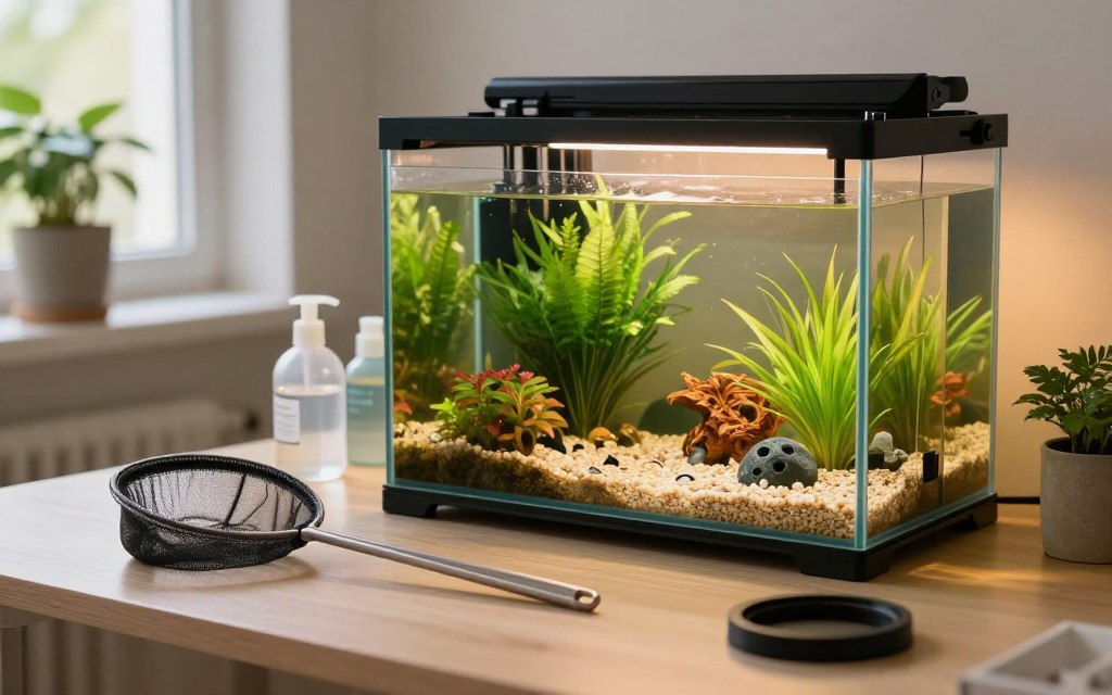 A beautifully arranged fish tank setup showcased on a clean, well-lit tabletop workspace. In the foreground, there are neatly organized tools like a fish net, gravel, plants, and water conditioner bottles, all contributing to a sense of preparation and assembly. The middle section features a partially filled fish tank, its glass shimmering under warm, soft lighting, revealing colorful aquatic plants and intricate decorations inside. In the background, a blurred natural light source, perhaps a window, adds an inviting atmosphere, enhancing the feeling of a serene home environment. The overall mood is calm and inviting, emphasizing a stress-free approach to aquarium setup. The angle captures both the fish tank and the preparation elements, creating a thorough overview without distractions.