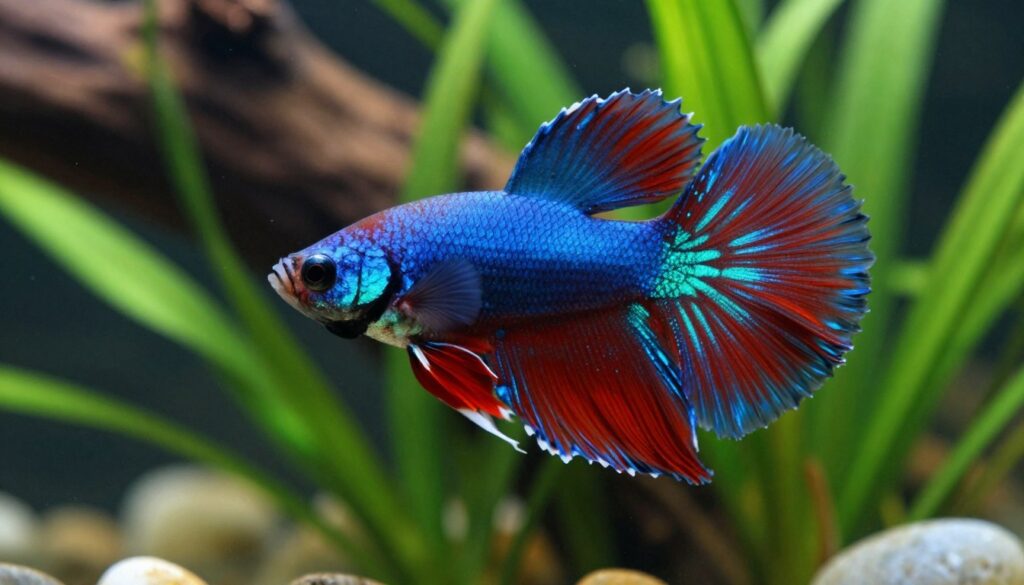 A beautifully detailed betta fish in a vibrant display, showcasing its flowing fins and vivid colors, primarily in shades of blue and red. In the foreground, the fish is swimming gracefully among lush green aquatic plants in a small aquarium setting. The middle ground features soft, diffused lighting illuminating the water, creating a serene atmosphere. The background is slightly blurred, with hints of a natural habitat, such as pebbles or driftwood, enhancing the focus on the betta. The overall mood is tranquil and captivating, evoking the beauty of keeping a betta fish as an engaging "solo fish" choice in smaller tanks. The scene should be viewed from a slightly elevated angle, ensuring optimal visualization of the fish's elegant movements.
