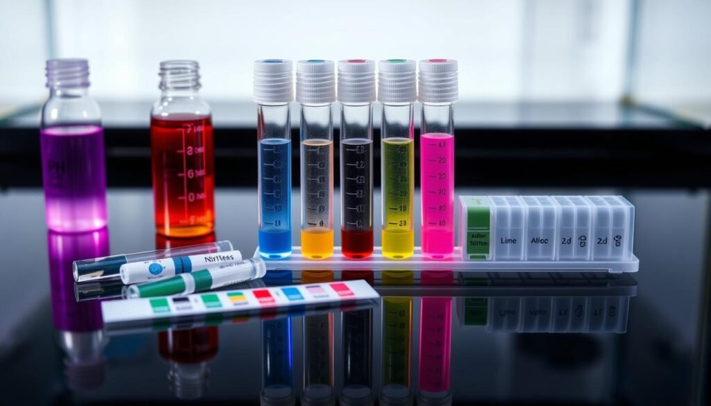A close-up photograph of a water test kit with various color-coded vials and test strips arranged on a dark, reflective surface. The lighting is soft and diffused, creating a serene, scientific atmosphere. The test kit components are carefully positioned to showcase the different water parameters, such as pH, ammonia, nitrites, and nitrates. The composition emphasizes the precision and attention to detail required for maintaining optimal water quality for a pygmy corydoras aquarium.