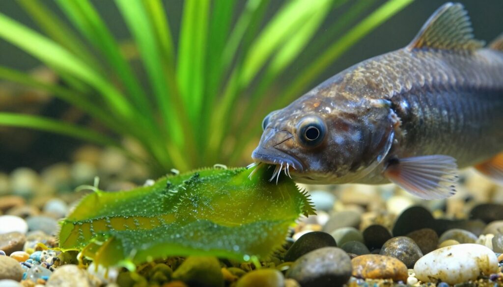 A close-up view of a bristlenose pleco snacking on a vibrant green algae wafer, set against a backdrop of a well-maintained aquarium featuring lush aquatic plants. In the foreground, the pleco with its distinctive bristle-covered nose is seen grazing on the wafer, its scales glistening under soft, natural lighting. The algae wafer, detailed and textured, lies on a smooth substrate surrounded by small pebbles. In the middle ground, rich green plants create a serene and natural environment, while the background fades into soft, blurred aquarium scenery, suggesting depth. The mood is peaceful and inviting, highlighting the delicacy of the pleco’s diet, ideal for an article about fish care. The angle is slightly above the fish, emphasizing its feeding behavior.