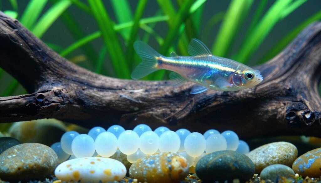 A close-up view of a serene aquarium showcasing the breeding eggs of a Bristlenose Pleco nestled among natural decorations like driftwood and smooth stones. In the foreground, the translucent eggs are prominently featured, glistening under soft, diffused aqua lighting, creating a peaceful underwater atmosphere. The midground captures the gentle movements of the adult Bristlenose Pleco swimming protectively nearby, its distinctive bristles illuminated by the light, showcasing its healthy condition. In the background, lush green aquatic plants sway softly, providing a natural habitat feel. The entire scene should evoke a sense of tranquility and well-being, emphasizing the importance of maintaining a healthy environment for fish breeding. The image is taken at a slightly elevated angle to enhance focus on the eggs while still capturing the beauty of the entire aquarium setting.