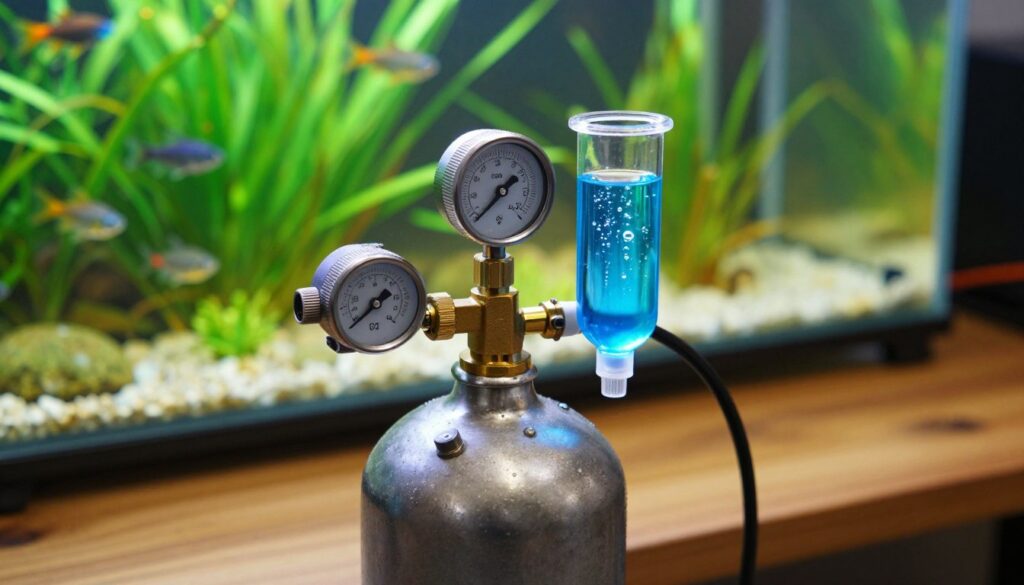 A detailed close-up view of the core parts of a CO2 aquarium system, including a CO2 tank, regulator, bubble counter, and diffusers, arranged neatly on a wooden workbench. The CO2 tank is polished metal, reflecting light, with a brass regulator attached, showcasing intricate gauges and knobs. The bubble counter is transparent glass, filled with vibrant blue water, displaying bubbles rising slowly. Soft, natural lighting enhances the textures of the components, creating a warm and inviting atmosphere. In the background, a blurred aquarium is visible, filled with lush green plants and colorful fish, subtly illustrating the purpose of the CO2 system. The scene conveys a sense of professionalism and expertise in aquarium setup.