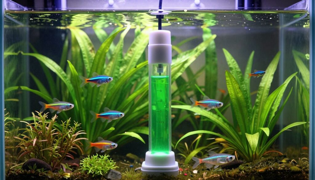 A detailed drop checker device, prominently displayed in the foreground, is filled with bright green liquid to indicate optimal CO2 levels for aquarium plants. The middle ground features lush aquatic plants, including Anubias and Java fern, thriving in a beautifully aquascaped aquarium. Colorful neon tetra fish and a peaceful shrimp are swimming nearby, suggesting a safe environment. The background contains soft-focused aquarium equipment and ambient lighting that mimics the natural underwater feel, creating a serene atmosphere. The overall mood is calming and informative, with gentle sunlight filtering through the water, enhancing the vibrant colors of the fish and plants, conveying a sense of health and balance in the aquarium ecosystem.
