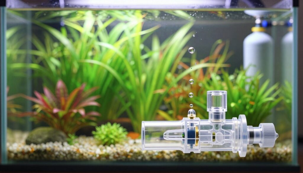 A detailed illustration of a check valve used in aquarium CO2 systems, prominently placed in the foreground. The check valve, made of clear plastic, features intricate internal mechanisms that demonstrate its functionality, with bubbles rising through it to indicate CO2 flow. In the middle ground, an elegantly arranged aquarium filled with lush, vibrant plants showcasing healthy growth due to effective CO2 injection. The background captures a soft-focus of aquarium equipment, like a diffuser and CO2 tank, bathed in natural sunlight filtering through. The lighting is bright and inviting, enhancing the colors of the plants and providing a serene atmosphere. The image should be clean and professional, without any text or distractions, emphasizing the utility and importance of the check valve in enhancing aquarium health.