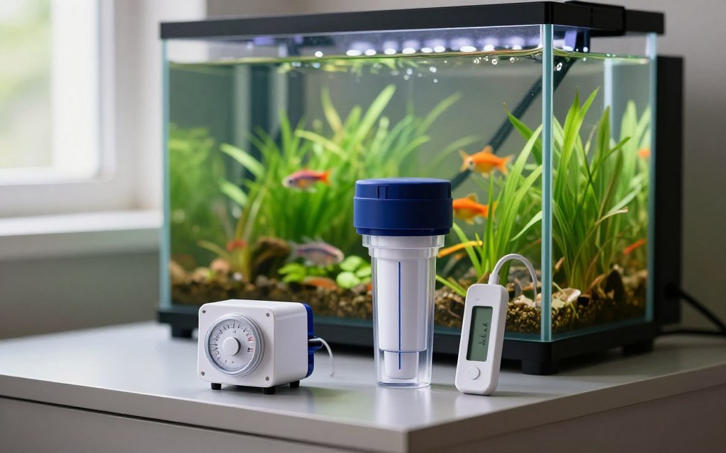 A detailed scene showcasing essential aquarium equipment arranged neatly on a sleek, modern countertop. In the foreground, prominently display a compact heater with a clear temperature dial, a high-quality water filter, and a digital thermometer. The middle layer features a vibrant, healthy planted fish tank partially filled with water, showcasing colorful fish swimming around. In the background, soft natural light filters through a window, creating a calming atmosphere with reflections on the water's surface. The image is captured with a shallow depth of field, focusing on the equipment while blurring the tank slightly, conveying a mood of serenity and preparedness for new aquarium owners.
