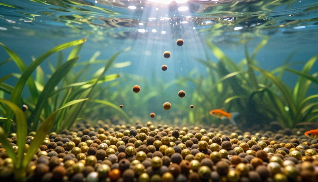 A peaceful underwater scene showcasing sinking pellets gradually dispersing in crystal-clear water, surrounded by lush green aquatic plants. In the foreground, focus on the pellets, detailed in texture with a subtle sheen, showcasing varying sizes and colors—some golden, some brown. In the middle ground, gentle ripples form as the pellets sink, creating a dynamic flow. Small, curious goldfish can be seen nearby, observing the sinking pellets, their colors vivid against the tranquil blue background. Soft, dappled sunlight filters through the water from above, casting an ethereal glow and creating a serene atmosphere. The overall mood is calming and inviting, highlighting the importance of a varied, high-quality diet for goldfish. Use a wide-angle lens effect to capture the depth of the underwater scene.