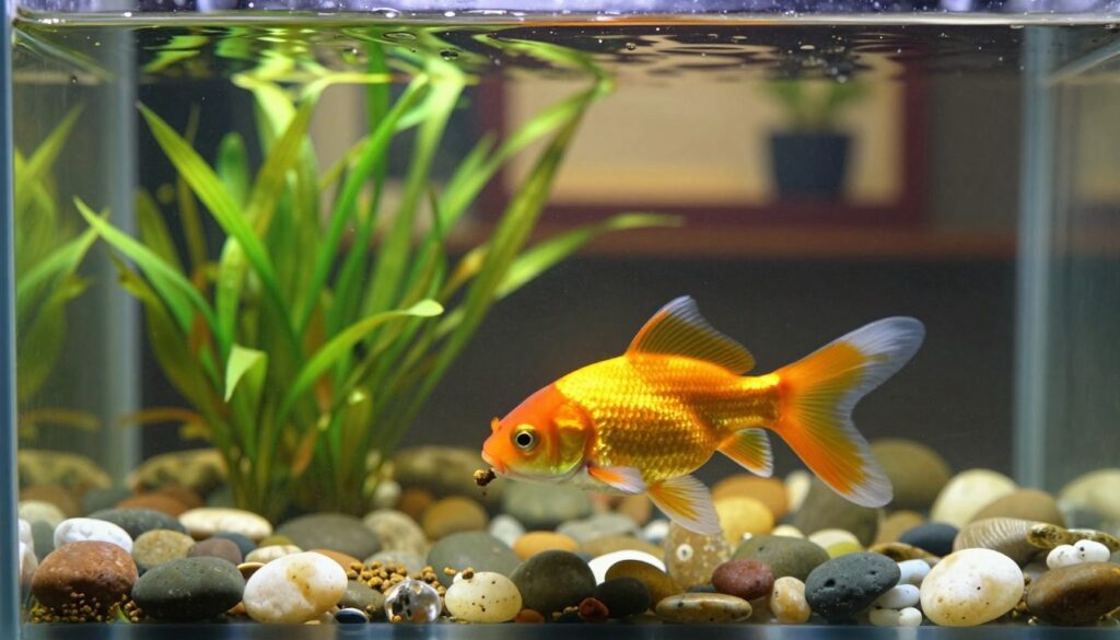 A serene aquarium scene featuring a beautiful goldfish swimming in a clear tank. In the foreground, a delicate golden goldfish can be seen nibbling at a small amount of fish food scattered lightly on the water's surface, illustrating the "minutes two three" rule for feeding. The middle ground showcases vibrant aquatic plants and colorful pebbles on the tank's bottom, creating a natural habitat. Soft, diffused lighting filters through the tank, casting gentle reflections and highlighting the fish's shimmering scales. The background features a blurred view of an inviting home setting, adding warmth to the scene. The overall atmosphere is calm and focused, emphasizing the importance of careful feeding practices for goldfish.