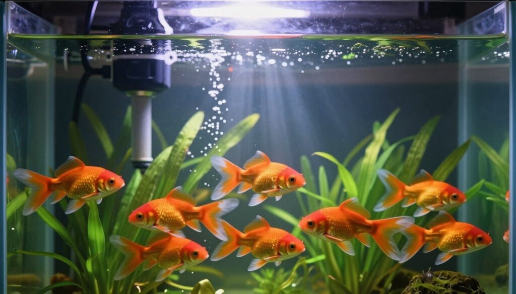 A serene aquarium scene in the foreground showcases vibrant goldfish swimming gracefully among lush aquatic plants, with clear, pristine water emphasizing their colorful scales. The middle layer includes a high-quality filtration system discreetly integrated into the design, featuring bubbles rising gently to indicate effective aeration. In the background, sunbeams penetrate the water from a well-placed light source above, casting soft reflections that enhance the tranquility of the environment. The atmosphere is calm and balanced, reflecting a healthy aquatic ecosystem. The image should capture the essence of water quality management for fish, emphasizing cleanliness and vitality, with a warm color palette of greens, blues, and oranges.