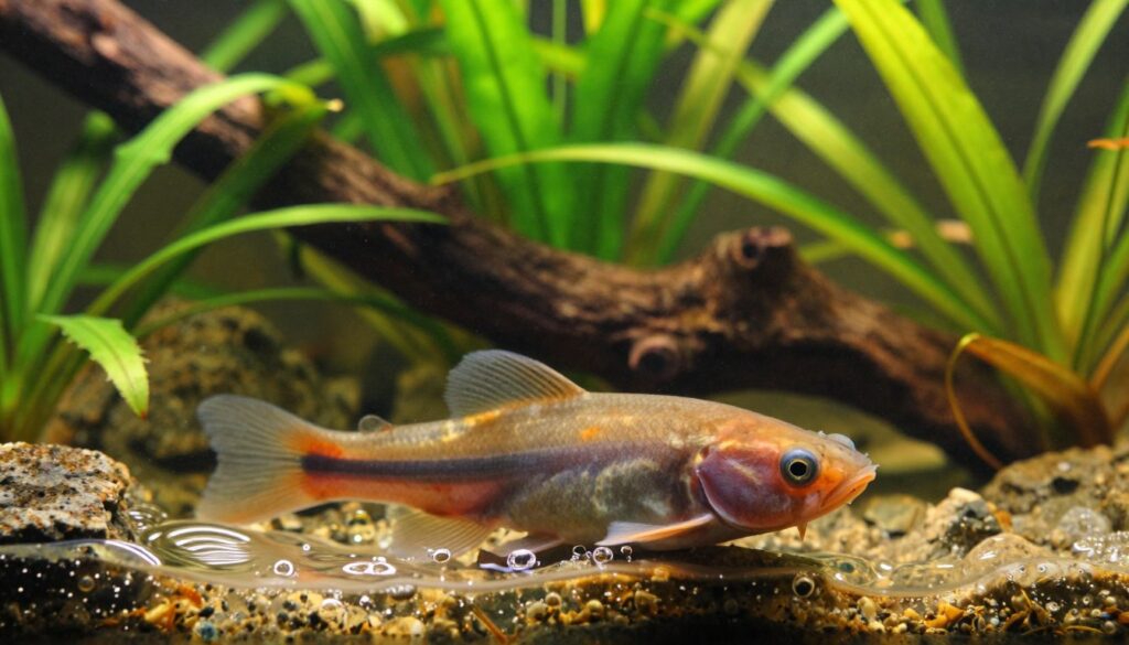 A serene aquarium scene showcasing optimal water conditions ideal for bristlenose plecos. In the foreground, clear, bubbling water highlighting gentle ripples, with a healthy bristlenose pleco calmly resting on a smooth substrate surrounded by lush aquatic plants. The middle ground features a variety of vibrant green plants like Java fern and Anubias, adding depth and oxygenation. In the background, soft, diffused lighting filters through the water, creating a tranquil atmosphere, while rocks and driftwood provide natural hiding spots. Capture this composition with a soft-focus lens effect, warm color tones, and a slightly elevated angle to emphasize the peaceful environment, evoking a sense of stability and stress-free living for the fish.