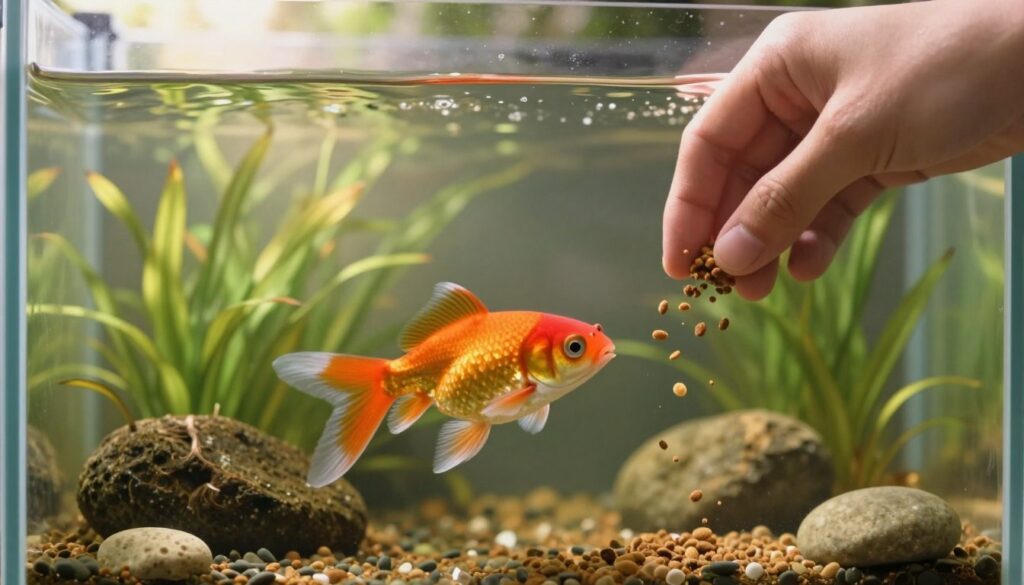 A serene aquarium setting that highlights the essential feeding routine for goldfish. In the foreground, a close-up of a colorful goldfish swimming gracefully near the surface, eagerly approaching a hand gently sprinkling fish flakes. In the middle, a beautifully decorated aquarium with lush aquatic plants and decorative stones, showcasing a balanced habitat. The background features soft sunlight filtering through the aquarium glass, creating a tranquil and warm atmosphere. Use a soft focus lens to emphasize the goldfish while subtly blurring the surrounding elements, adding depth to the image. The overall mood should convey a sense of care and attention, illustrating the joyful experience of feeding goldfish and ensuring their well-being.