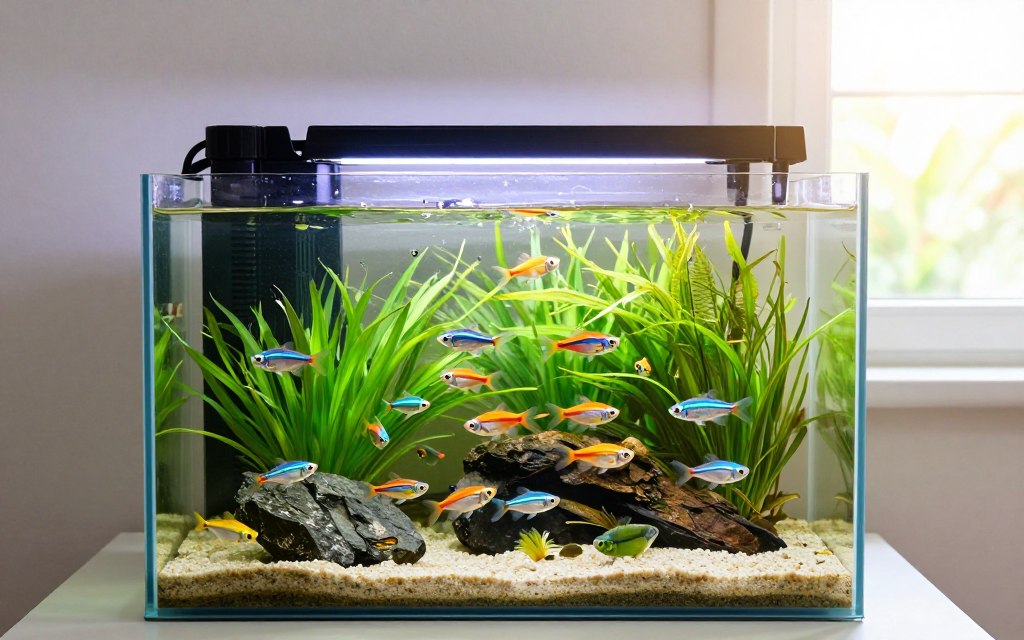 A serene aquarium setup in a bright, well-lit room, showcasing a variety of colorful fish swimming gracefully among vibrant aquatic plants. In the foreground, a crystal-clear fish tank filled with an assortment of small, lively fish such as neon tetras and guppies, darting playfully through the lush greenery. In the middle ground, a well-maintained filtration system and decorative rocks, adding structure and depth to the scene. In the background, a sunlit window casting warm natural light across the room, enhancing the tranquility of the environment. The mood is peaceful and inviting, perfect for new aquarium owners, with soft reflections on the water surface emphasizing a sense of clarity and freshness, captured from a slightly elevated angle to showcase the fish and aquascape effectively.
