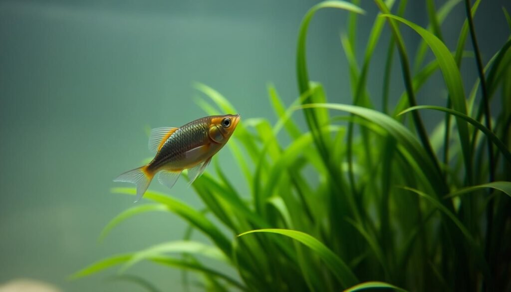 A softly lit underwater scene of two Lambchop Rasboras gently circling and nuzzling each other, their iridescent scales shimmering in the muted aquatic light. The foreground features the pair in an intimate embrace, their fins intertwined as they engage in a delicate courtship dance. The middle ground showcases lush, swaying aquatic plants providing a tranquil natural backdrop. The background is a hazy, out-of-focus vista of the larger aquarium, adding depth and a sense of serene isolation. The overall mood is one of tenderness and wonder, capturing the subtle beauty of this species' breeding behavior.