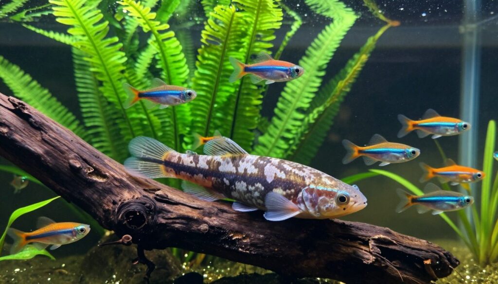 A vibrant and serene community aquarium scene featuring a Bristlenose Pleco calmly resting on a piece of driftwood. In the foreground, the Pleco is clearly visible, showcasing its distinct bristles and patterned skin. Surrounding it in the middle ground are various colorful tank mates, such as neon tetras and guppies, swimming peacefully, highlighting the harmony of a community tank. In the background, lush aquatic plants, like Java ferns and Anubias, create a natural habitat, while soft, dappled lighting filters through the water, imbuing the scene with a tranquil atmosphere. The angle is slightly above water level, capturing both the fish and the vibrant plants, evoking a sense of underwater serenity and community.