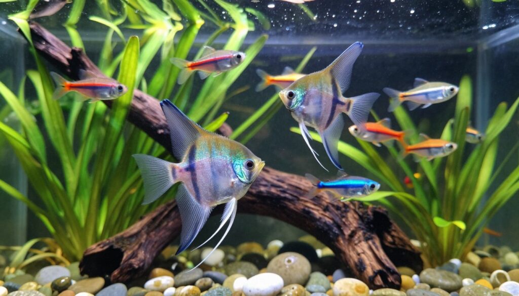A vibrant aquarium scene focusing on the interaction between angelfish and tetras as they coexist peacefully. In the foreground, a pair of elegant angelfish with flowing fins glides gracefully among lush green aquatic plants, showcasing their iridescent colors and unique shapes. Nearby, a school of colorful tetras swim playfully, creating a lively atmosphere. In the middle ground, a beautifully arranged underwater landscape features smooth pebbles and scattered driftwood, enhancing the natural habitat. The background reveals subtle lighting that filters through the water, casting shimmering patterns, evoking a peaceful and harmonious mood. The camera angle is slightly above the tank, providing a clear view of the dynamic interactions and behaviors among the fish while maintaining a sense of depth in the aquatic environment.