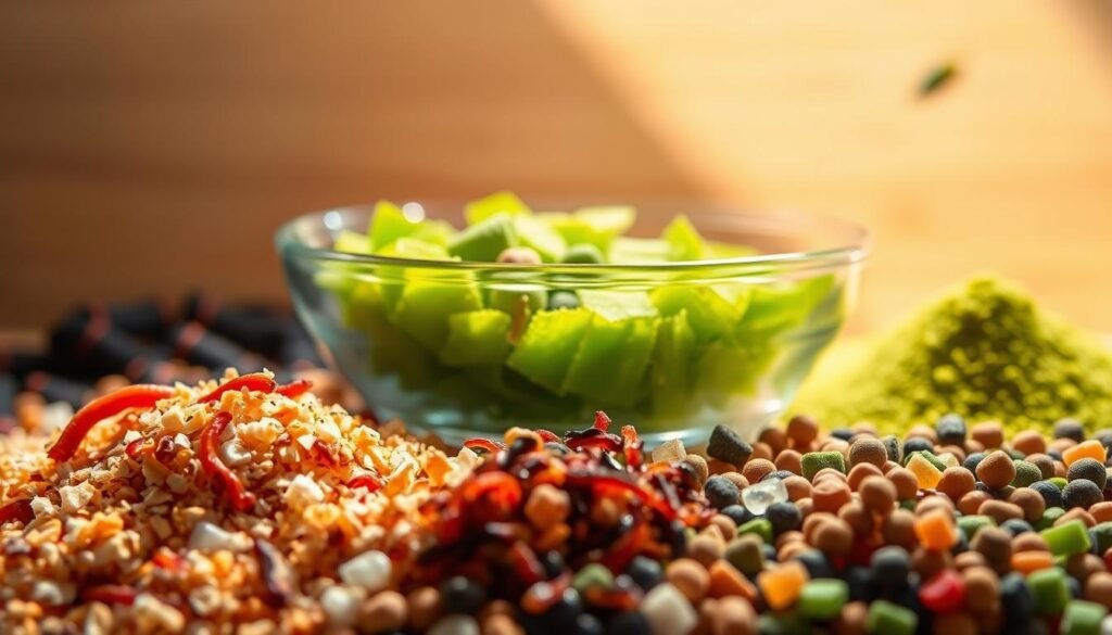 A vibrant still life of small, diverse foods suitable for feeding a school of pygmy corydoras. In the foreground, an array of tiny, nutrient-rich morsels - live microworms, crushed flakes, and frozen bloodworms. The middle ground features a shallow glass bowl of lush, green algae wafers. In the background, a scattering of sinking pellets and a sprinkle of powdered spirulina. Warm, natural lighting filters through the scene, casting soft shadows and creating an inviting, appetizing atmosphere. The composition emphasizes the scale and variety of these small but mighty food sources, perfectly suited to nourish the diminutive pygmy corydoras.