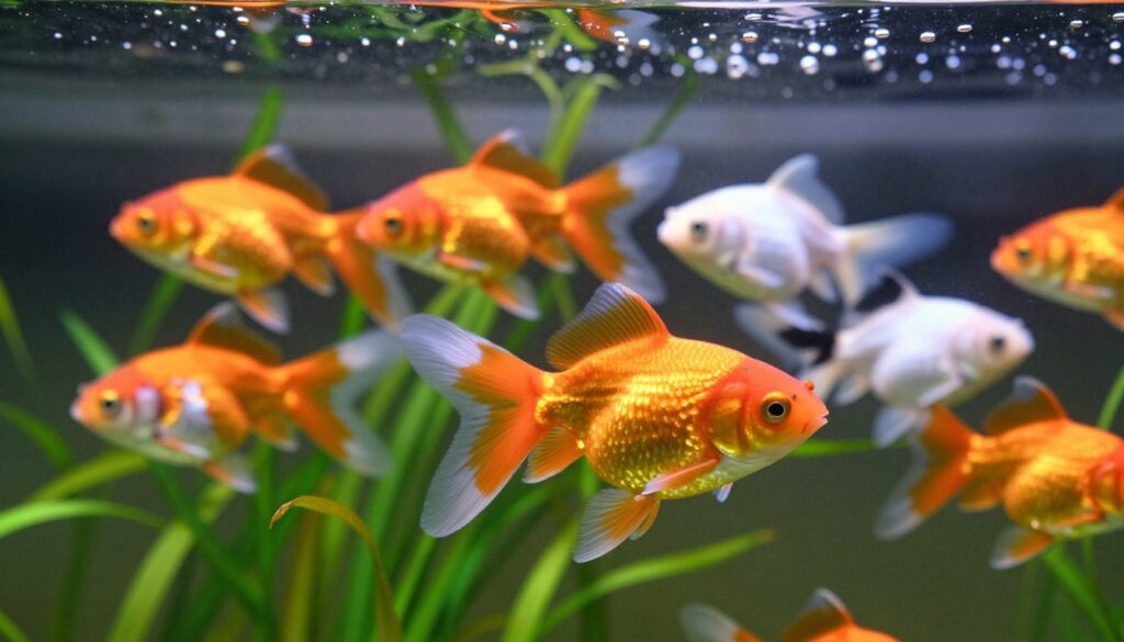 A vibrant underwater scene showcasing a group of fancy goldfish in various colors and patterns, such as shimmering orange, white, and black. The foreground features a close-up of an elegant goldfish with flowing fins, surrounded by delicate aquatic plants, creating a lush habitat. In the middle ground, add additional goldfish of different sizes swimming gracefully, reflecting light as they move. The background illustrates a softly lit aquarium environment with gentle bubbles rising to the surface, enhancing the tranquility. Use soft, natural lighting to create a calming atmosphere, capturing the essence of a well-maintained aquatic ecosystem. The angle should be slightly above water level, providing a captivating view of these exquisite fish in their habitat.