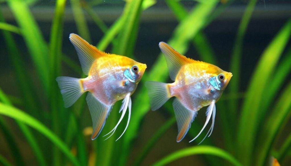A vibrant underwater scene showcasing a pair of breeding angelfish in a lush, well-planted aquarium. In the foreground, the angelfish display bright colors—golden and silver with delicate fins spread wide—creating a visually striking contrast against the rich emerald greenery. The middle ground features a soft-focus background consisting of various aquatic plants and a few floating particles, mimicking a natural habitat. The light filtering down creates a serene ambiance, illuminating the angelfish with soft reflections. The angle captures the fish slightly from below, enhancing their regal presence while emphasizing their behavior during the breeding period. The overall mood is tranquil yet dynamic, highlighting nature’s beauty and the delicate balance of life in an aquarium.
