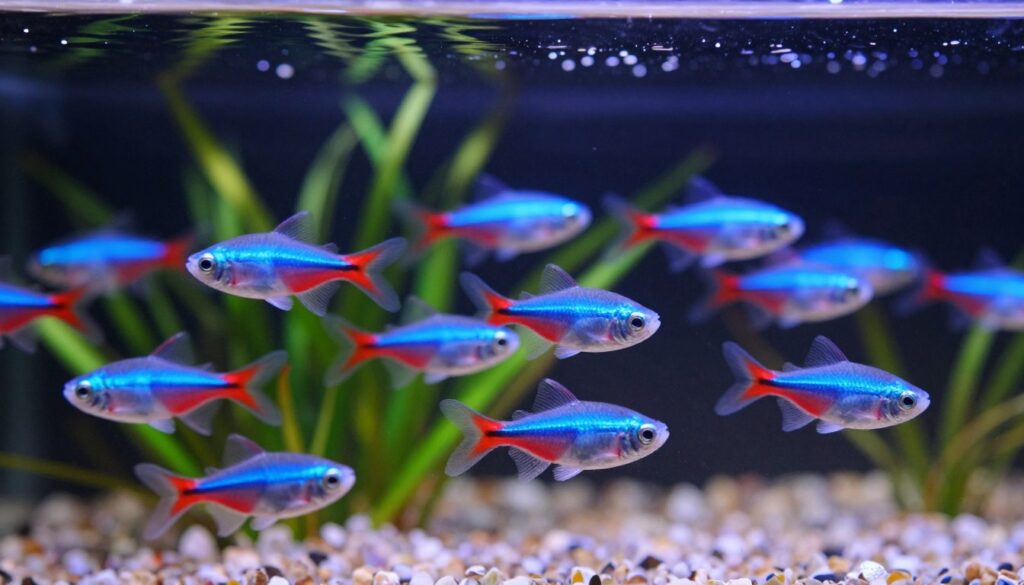 A vibrant underwater scene showcasing a school of neon tetra fish gracefully swimming together in a small aquarium setting. In the foreground, capture the shimmering blue and red colors of the neon tetras, their reflective scales glistening under soft, ambient lighting. In the middle ground, include a lush aquascape of fine gravel, delicate plants, and subtle decorations that reflect a properly maintained 2-gallon aquarium environment. The background should feature gentle ripples on the water surface, creating a serene atmosphere. Use a macro lens perspective to emphasize the lively movement of the fish and create a shallow depth of field, blurring the edges slightly for a dreamy effect. The overall mood is tranquil and educational, highlighting the vibrant yet delicate beauty of neon tetras in close quarters.