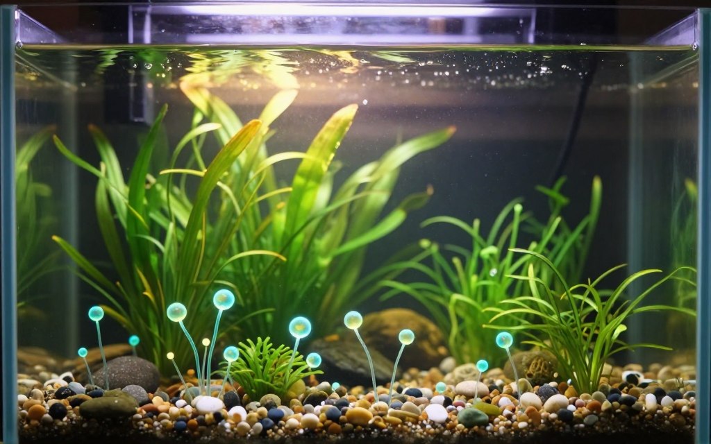 A vibrant underwater scene showcasing beneficial bacteria in a freshly set-up aquarium. In the foreground, clusters of luminous, microscopic bacteria are illustrated as tiny glowing spheres, emphasizing their essential role in tank cycling. The middle ground features a diverse array of live plants with healthy green foliage, while small pebbles and substrate ground them for realism. In the background, gently flowing water creates a serene atmosphere, with warm sunlight filtering through the tank, adding a soft golden glow to the environment. The overall mood is one of tranquility and growth, highlighting the importance of nurturing beneficial bacteria in creating a thriving aquatic ecosystem. The composition captures a balanced microhabitat in a clean and modern aquarium setup, showcasing the interconnectedness of life within.