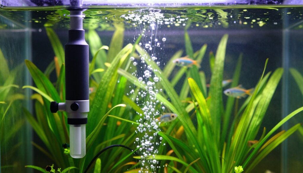 A vividly detailed aquarium environment showcasing CO2 levels being monitored for optimal plant growth and fish health. In the foreground, a high-tech CO2 diffuser releases fine bubbles into the water, creating an ethereal effect. The middle ground features lush aquatic plants thriving in vibrant greens, illuminated by soft, natural light filtering through the water. The background includes a serene underwater landscape with small fish swimming gracefully among the plants, enhancing the sense of a balanced ecosystem. Use a shallow depth of field to focus on the diffuser and plants, while the fish appear slightly blurred. The overall mood is tranquil and harmonious, embodying the essence of a well-maintained aquarium.