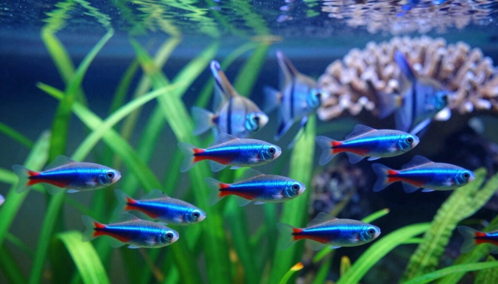 In a vibrant underwater scene, a school of cardinal tetras swims gracefully among lush aquatic plants. The foreground features several brightly colored tetras, showcasing their striking blue and red stripes, gliding amidst delicate green leaves and soft, flowing water currents. In the middle ground, a few angelfish with elegant fins can be seen, observing the tetras with a calm demeanor, surrounded by a coral-like structure. The background is softly illuminated with natural light filtering through the water's surface, creating a serene, tranquil atmosphere with varying shades of blue and green. Capture a wide-angle view, emphasizing the harmony between the tetras and angelfish, with a focus on their interaction within this peaceful aquarium environment.