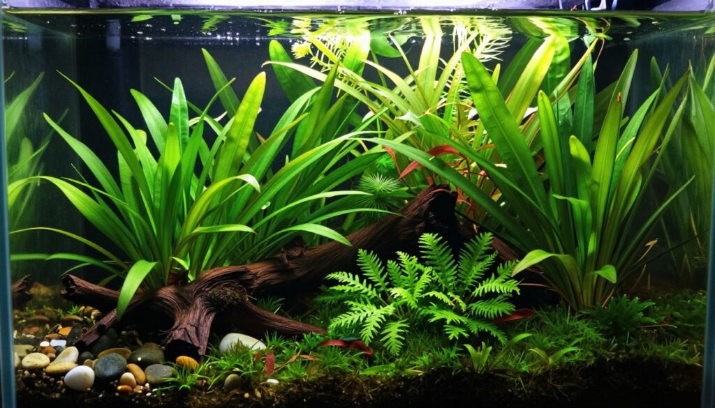 Lush planted tank overflowing with vibrant aquatic plants, featuring a variety of species like Anubias, Java fern, and delicate moss, planted in a beautifully arranged substrate. In the foreground, some small pebbles and driftwood create a natural feel. The middle ground showcases dense green foliage, with some plants swaying gently in the water current. In the background, a soft glow highlights the tips of taller plants and hints at a beautiful aquatic ecosystem. The lighting is soft and diffuse, mimicking the effect of gentle sunlight filtering through. The angle is slightly from above, capturing the depth and layers of the tank while evoking a serene, tranquil atmosphere.