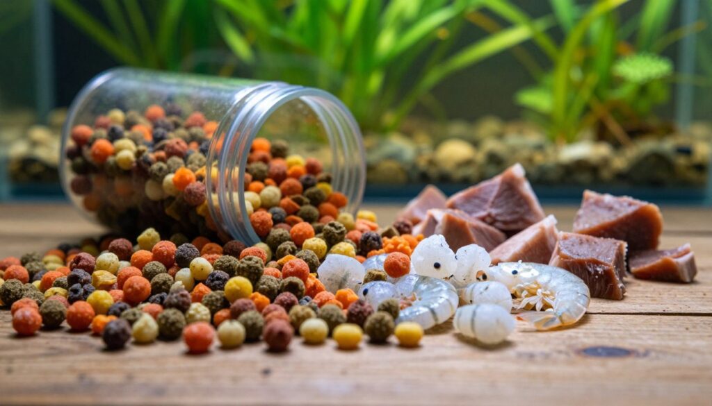 A beautifully arranged display of predator-grade fish food, including vibrant pellets, frozen shrimp, and meaty chunks on a rustic wooden surface, illuminated by soft, natural lighting. In the foreground, the colorful fish food is clearly visible, showcasing textures and colors that appeal to carnivorous fish. The middle area has an open fish food container spilling out bits, adding a dynamic element. Background elements feature a blurred aquarium setting with lush aquatic plants, providing context and depth. The atmosphere is lively and inviting, hinting at the vitality of a thriving aquarium. The image is captured from a slightly elevated angle, enhancing focus on the food while still hinting at the aquatic environment.