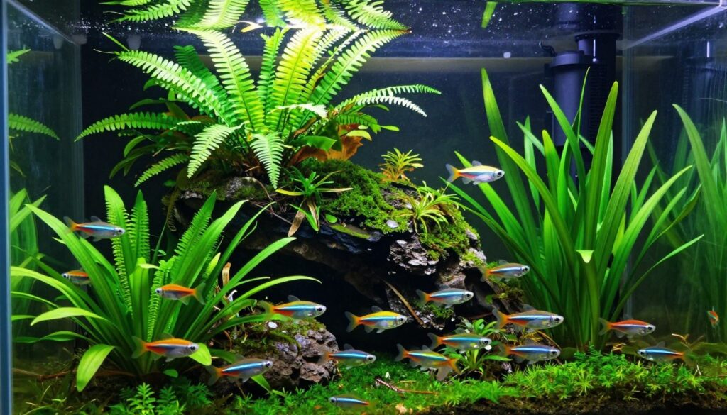 A beautifully designed planted aquarium, showcasing a spacious tank filled with lush green aquatic plants, such as Java fern and Amazon sword, creating a vibrant underwater jungle. In the foreground, a school of small, colorful, plant-friendly fish, like neon tetras and guppies, swim gracefully among the foliage. The middle ground features a rock formation covered in moss, providing shelter for fish, while the background displays the tank's filtration system subtly integrated into the plants. Soft, dappled sunlight filters through the water, illuminating the scene and creating a serene, peaceful atmosphere. The angle is slightly tilted to capture the depth of the tank, emphasizing the harmonious coexistence of the fish and plants. The colors are vivid, with a focus on greens, blues, and bright accents from the fish.