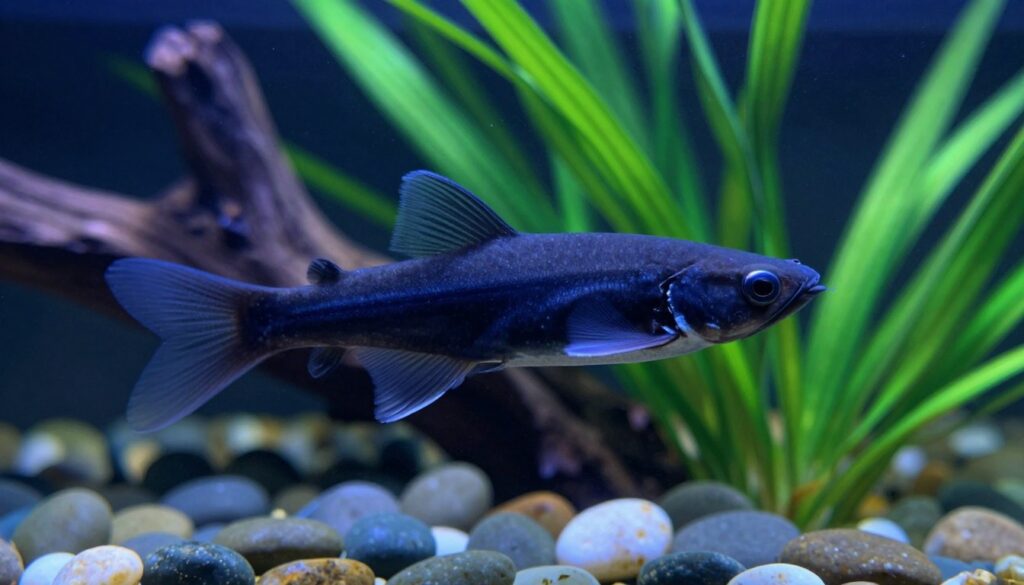 A captivating black ghost knifefish gracefully gliding through an aquarium, showcasing its elongated, slender body and transparent fins that shimmer faintly in the soft blue lighting. The foreground features a close-up view of the knifefish, highlighting its dark, almost ethereal appearance against the vibrant greens of aquatic plants. In the middle ground, the tank includes smooth pebbles and ambient decor, like driftwood, adding depth to the scene. The background captures a blurred view of more aquatic plants and dim lighting, enhancing the mysterious, tranquil atmosphere of the underwater environment. The overall mood is serene and enchanting, perfect for illustrating the unique qualities of this fascinating freshwater fish.