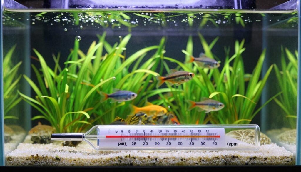 A clear, focused image illustrating ppm levels of ammonia in a vibrant aquarium setting. In the foreground, a detailed digital thermometer and ammonia testing kit, featuring vivid colors and crisp labels, showcasing clear readings of ammonia levels in ppm. The middle ground features a healthy aquarium with lush green plants and diverse fish swimming contentedly, demonstrating a thriving cycle influenced by optimal ammonia levels. In the background, soft lighting creates a serene atmosphere, with bubbles and gentle reflections adding depth. Use a wide-angle lens effect to encompass both the testing kit and the aquarium. The overall mood is informative and peaceful, suggesting mastery of the fishless cycle through proper ammonia management.