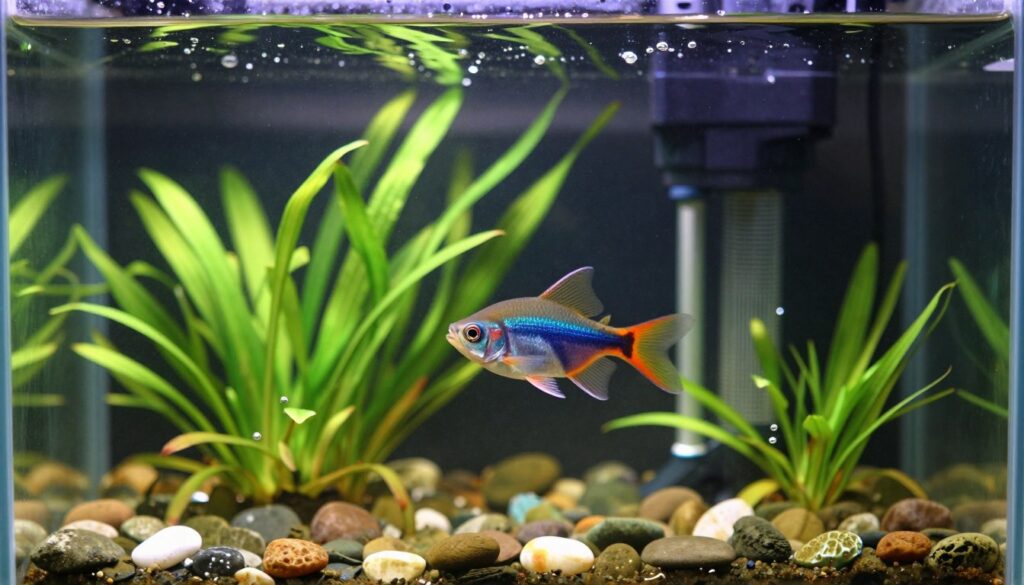 A clear, vibrant aquarium scene showcasing water quality essential for Wolf Cichlids. In the foreground, a close-up view of a pristine tank filled with lush green aquatic plants, pebbles, and clear water. The middle ground features a healthy Wolf Cichlid swimming gracefully, its striking colors contrasting with the surrounding greenery. In the background, a high-tech filter system and subtle air bubbles create a sense of dynamic movement, emphasizing the importance of water quality. Soft, natural lighting illuminates the scene, casting gentle reflections on the water's surface, creating a serene atmosphere. The image is framed from a slightly elevated angle to enhance depth and focus on water clarity without any text or distractions.