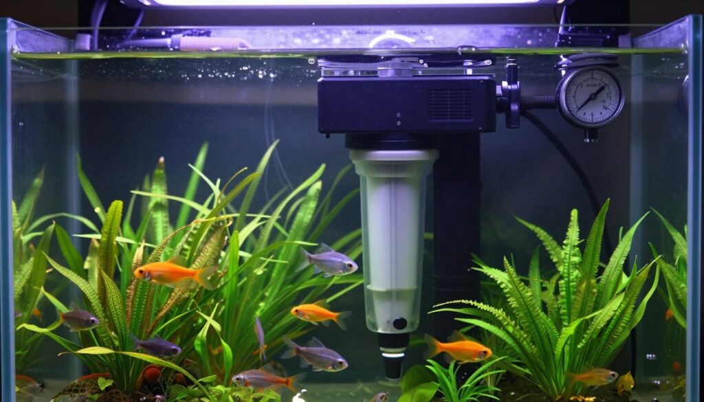 A detailed and informative aquarium scene showcasing the tank flow rate characteristics. In the foreground, a clear glass aquarium is filled with vibrant aquatic plants and active fish, demonstrating healthy circulation. The middle ground features a high-quality filter system with visible tubing and a flow rate gauge, emphasizing the importance of water movement. In the background, soft lighting creates a tranquil underwater atmosphere, highlighting the natural colors of the fish and plants. The angle should be slightly elevated to capture both the filter and the colorful aquatic life seamlessly, evoking a sense of clarity and understanding of aquarium maintenance. The mood is serene and educational, reflecting the essential role of filtration in a thriving aquarium ecosystem.