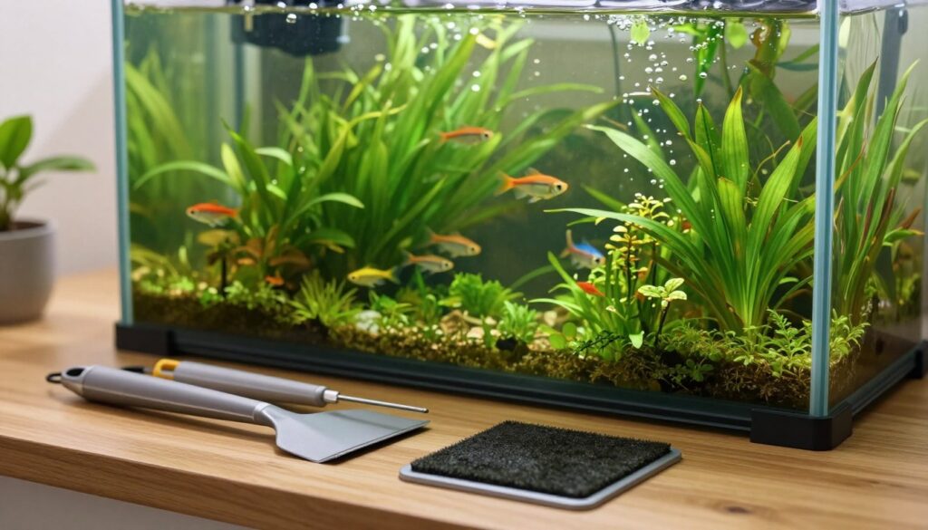 A serene aquascape scene showcasing effective algae control techniques. In the foreground, a well-organized aquarium toolset lies neatly on a wooden table, including a scraper, algae pad, and siphon, reflecting high-quality materials. The middle ground features a beautifully planted aquarium with lush green aquatic plants and colorful fish darting around, demonstrating the vibrant ecosystem. The background shows soft diffused natural light filtering through the tank, creating a calming atmosphere. Add subtle bubbles rising to the surface, enhancing the sense of freshness. The angle is slightly elevated, capturing both the tools and the underwater world in harmony. The overall mood is peaceful, conveying care and maintenance for a thriving aquatic environment.