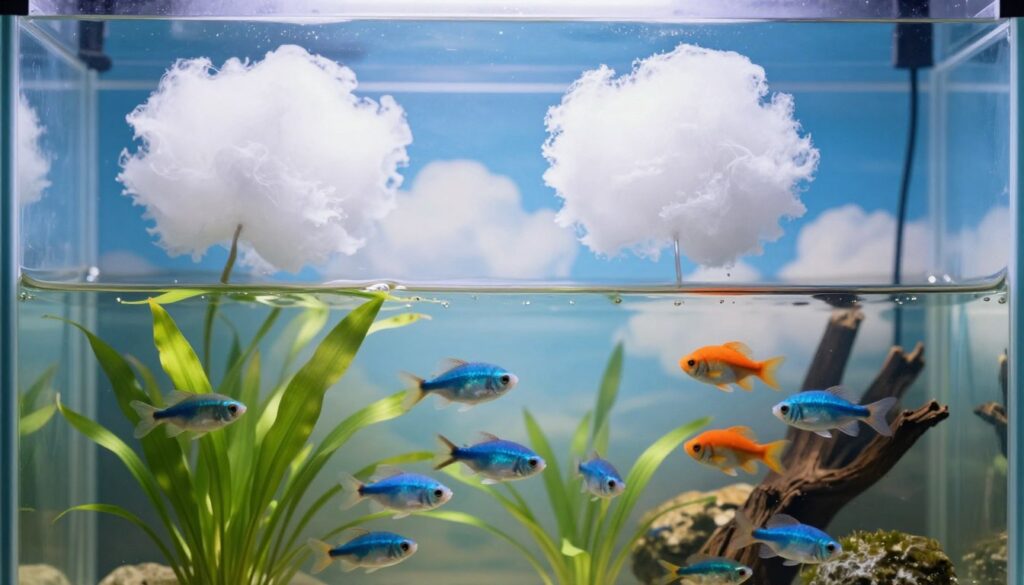 A serene blue sky filled with soft, fluffy white clouds, reminiscent of cotton candy. In the foreground, gently swaying aquatic plants rise from the surface of a tranquil freshwater tank, their vibrant green contrasting beautifully with the cool blue water. Midground features playful schooling fish, such as shimmering blue tetras and bold angelfish, moving in unison, creating a mesmerizing display of movement. The background hints at softly lit aquarium rocks and driftwood, enhancing the natural ambience of the scene. The overall lighting is bright and even, with a warm glow suggesting a sunny day. The mood is peaceful and inviting, capturing the essence of a healthy aquatic ecosystem. The composition should be framed with a slight angle, adding depth and interest to the image.