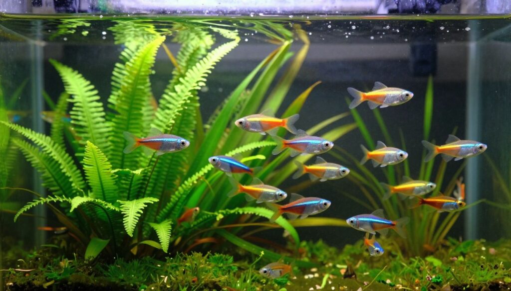 A serene planted aquarium with vibrant green aquatic plants and a variety of small, colorful fish swimming gracefully. In the foreground, showcase delicate ferns and moss, gently swaying with the movement of the water. The middle ground features a diverse mix of small schooling fish like neon tetras and guppies, darting playfully around the plants, emphasizing a well-balanced community without overcrowding. The background is softly blurred, with hints of larger plants and a subtle light filtering through the water, creating a tranquil atmosphere. The lighting is natural and soft, mimicking sunlight, while a slight ripple effect adds depth to the scene, inviting the viewer into this harmonious underwater ecosystem.