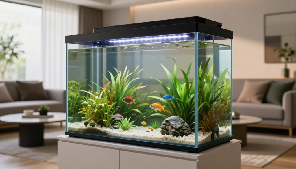 A sleek, modern premium glass aquarium elegantly displayed in a well-lit, contemporary living room setting. The aquarium features crystal-clear, seamless edges and a beautifully curved design, showcasing vibrant aquatic life, including colorful fish and lush aquatic plants. In the foreground, focus on the pristine glass surface, reflecting soft natural light filtering through nearby windows, creating a serene ambiance. The background should include tastefully arranged furniture, such as a minimalist coffee table and stylish seating, enhancing the aquarium's elegance. Utilize warm, cozy lighting to evoke a sense of tranquility and sophistication. The shot should be taken at a slight angle to capture the aquarium's depth and intricate details, while ensuring the overall atmosphere is inviting and harmonious.