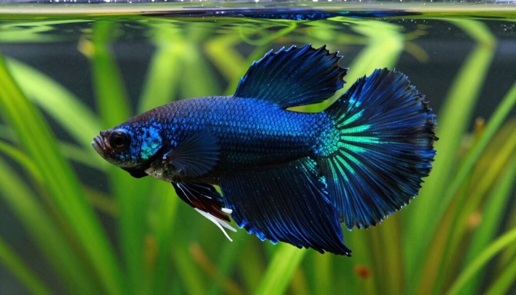 A stunning black betta fish, its flowing fins resembling living velvet, swims gracefully in a glass aquarium. The foreground captures the intricate details of the fish's iridescent scales that shimmer with hues of deep blue and subtle green in the light. In the middle ground, vibrant aquatic plants in shades of green provide a lush backdrop, enhancing the fish's striking appearance. Soft, diffused lighting creates a tranquil atmosphere, with reflections gently dancing on the water's surface. The background is slightly blurred to focus on the betta fish, evoking a serene, peaceful mood that highlights the elegance of this captivating creature. The angle is slightly above the waterline, showcasing the betta's regal posture and flowing fins in all their glory. A stunning black betta fish, its flowing fins resembling living velvet, swims gracefully in a glass aquarium. The foreground captures the intricate details of the fish's iridescent scales that shimmer with hues of deep blue and subtle green in the light. In the middle ground, vibrant aquatic plants in shades of green provide a lush backdrop, enhancing the fish's striking appearance. Soft, diffused lighting creates a tranquil atmosphere, with reflections gently dancing on the water's surface. The background is slightly blurred to focus on the betta fish, evoking a serene, peaceful mood that highlights the elegance of this captivating creature. The angle is slightly above the waterline, showcasing the betta's regal posture and flowing fins in all their glory.