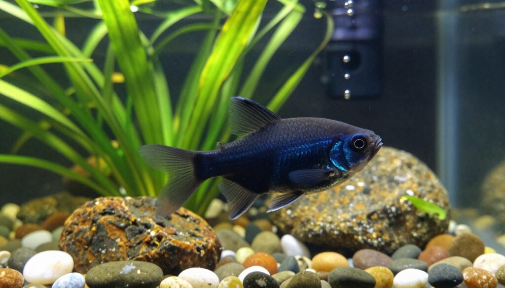 A stunning black molly fish gracefully swimming in a well-planted freshwater aquarium. In the foreground, the fish's sleek, shimmering body contrasts beautifully with vibrant green aquatic plants and delicate rocks. The middle ground features colorful pebbles that complement the natural habitat, while bubbles rise gently from a filter in the background, creating a dynamic sense of motion. Soft, filtered light cascades through the water, highlighting the molly's iridescent scales and casting gentle reflections on the tank's glass. The atmosphere is calm and serene, evoking the joy of observing this lively aquarium inhabitant. The angle captures the fish in-profile, showcasing its delightful personality and energetic movements. A stunning black molly fish gracefully swimming in a well-planted freshwater aquarium. In the foreground, the fish's sleek, shimmering body contrasts beautifully with vibrant green aquatic plants and delicate rocks. The middle ground features colorful pebbles that complement the natural habitat, while bubbles rise gently from a filter in the background, creating a dynamic sense of motion. Soft, filtered light cascades through the water, highlighting the molly's iridescent scales and casting gentle reflections on the tank's glass. The atmosphere is calm and serene, evoking the joy of observing this lively aquarium inhabitant. The angle captures the fish in-profile, showcasing its delightful personality and energetic movements.