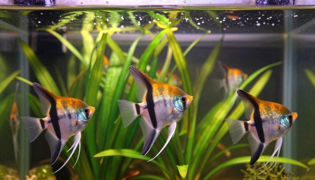 A vibrant aquarium scene featuring a group of angelfish, showcasing their tall, elegant fins and striking colors. The foreground highlights three angelfish gracefully swimming at an angle, displaying their distinctive patterns of black, orange, and white. The middle ground includes lush aquatic plants like Amazon swords and Java ferns, providing a natural habitat feel. The background features a softly lit, realistic aquarium glass, with gentle bubbles rising to the surface, ensuring a tranquil ambiance. Soft, warm lighting illuminates the scene, casting delicate reflections on the water's surface. The overall mood is serene and inviting, capturing the beauty of these statement fish in a well-maintained aquascape. The perspective is slightly above eye level, offering a clear view of the fish and plants without any distractions.