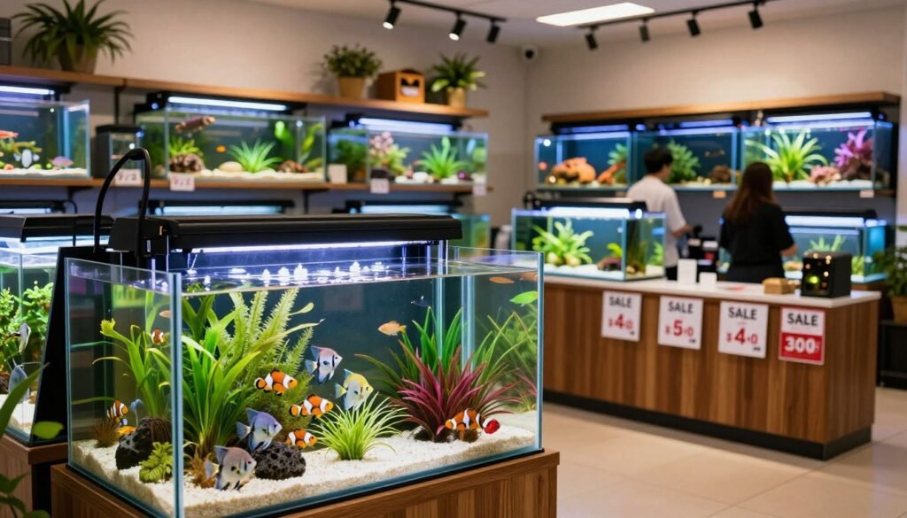 A vibrant aquarium shop interior showcasing an elegant display of various exotic fish tanks. In the foreground, a beautifully crafted glass tank teeming with colorful tropical fish, such as clownfish and angelfish, while delicate aquatic plants create a lush environment. The mid-ground features well-organized shelves filled with different tank sizes, from small desktop aquariums to large floor models, each tagged with neatly displayed prices. In the background, soft, warm lighting enhances the tranquil atmosphere, highlighting a serene setting with aquarists engaging with customers. A polished wooden counter displays promotional sale signs, showcasing special offers, enhancing the inviting feel of the space. The scene captures a sense of value and the excitement of finding the perfect aquarium for home décor.