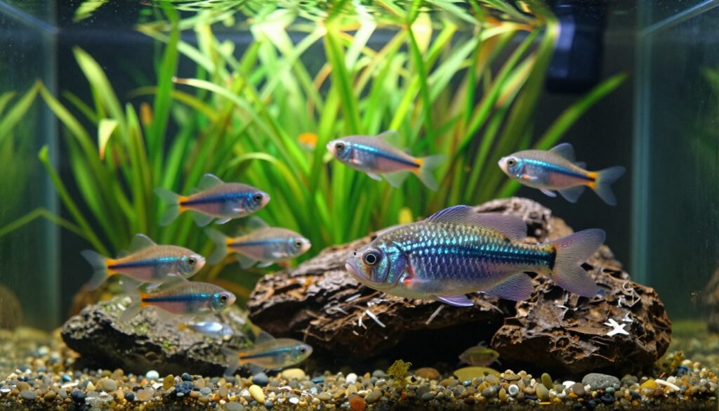 A vibrant, aquatic scene showcasing the Wolf Cichlid peacefully cohabitating with suitable tank mates in a well-organized aquarium. In the foreground, the striking Wolf Cichlid with colorful scales swims in a natural rock formation, while nearby, a small school of Tetras and a few peaceful Loaches dart between the plants. The middle ground features lush aquatic plants, creating a vibrant green backdrop that provides shelter and hiding spots. In the background, soft lighting filters through the water, emphasizing the shimmering fish and creating a tranquil atmosphere. The camera angle should capture the entire tank, highlighting the dynamic interactions between the fish, evoking a sense of harmony and balance in the community. The mood is serene and inviting, perfect for an aquarium setting.