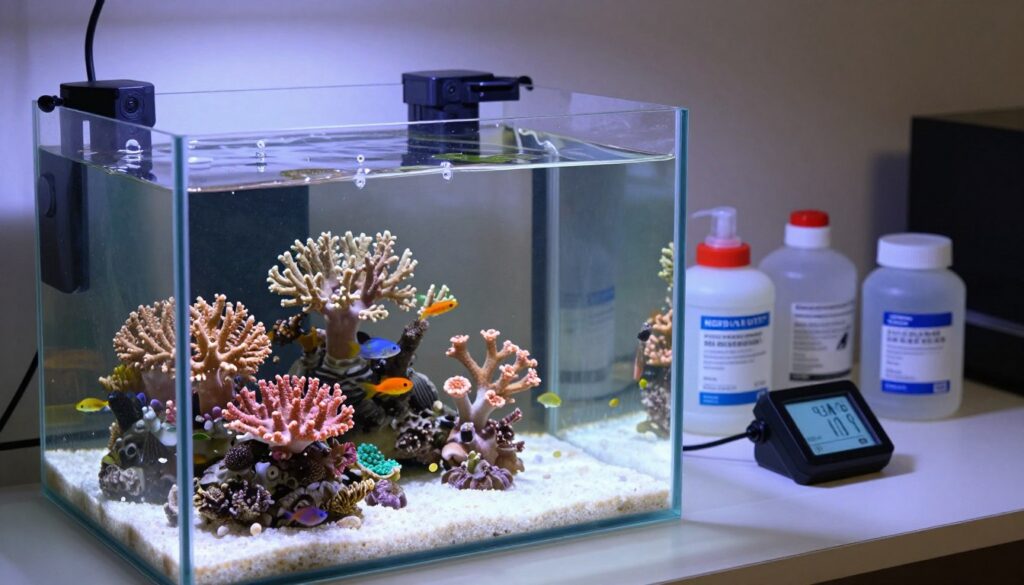 A vibrant, detailed depiction of a saltwater aquarium setup, showcasing pristine water quality essential for marine life. In the foreground, a clear glass tank filled with sparkling, well-maintained RODI-filtered water, with vibrant corals and fish swimming gracefully. The middle ground features various salt mix containers and a salinity refractometer resting on a clean, organized workspace, highlighting the importance of proper preparations. In the background, soft, natural lighting illuminates the scene, creating a serene atmosphere, with subtle reflections on the tank's surface. The entire image should convey a sense of care and expertise, inviting viewers to appreciate the meticulous attention required for successful aquarium maintenance.