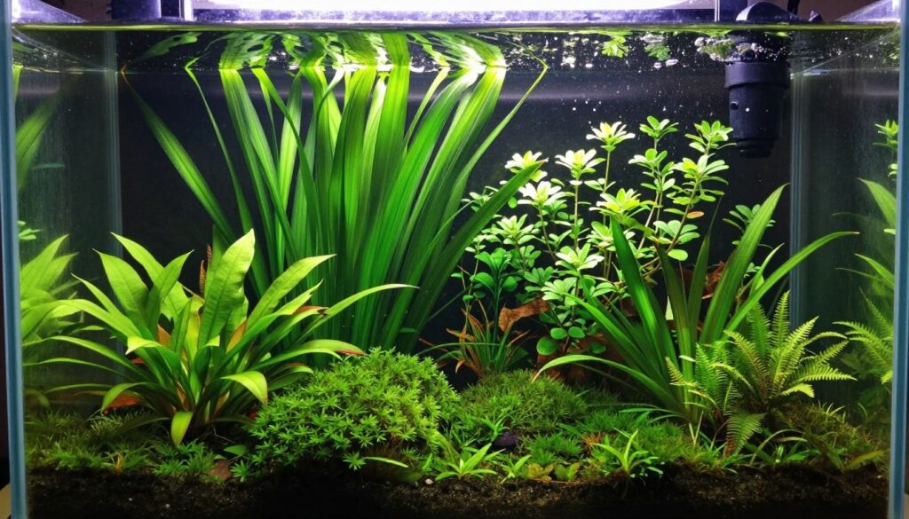 A vibrant planted aquarium showcasing a diverse array of lush green aquatic plants, including foreground species like Java moss and Cryptocoryne, along with mid-ground Anubias and resealable sword plants. In the background, tall Amazon swords and delicate Bacopa create depth. The lighting is bright, simulating natural sunlight filtering through the water, casting soft shadows on the substrate. Fine bubbles of CO2 rise from a diffuser, adding a dynamic element. The aquarium’s surface glistens under the light, enhancing the natural beauty of the underwater ecosystem. The overall mood is serene and flourishing, highlighting the harmonious relationship between light, flow, and aquatic plant life, perfect for sustaining healthy fish in a well-maintained planted tank. The image captures the essence of a thriving aquatic environment.